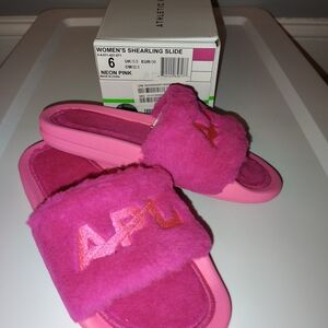 APL Neon Pink Shearling Slides